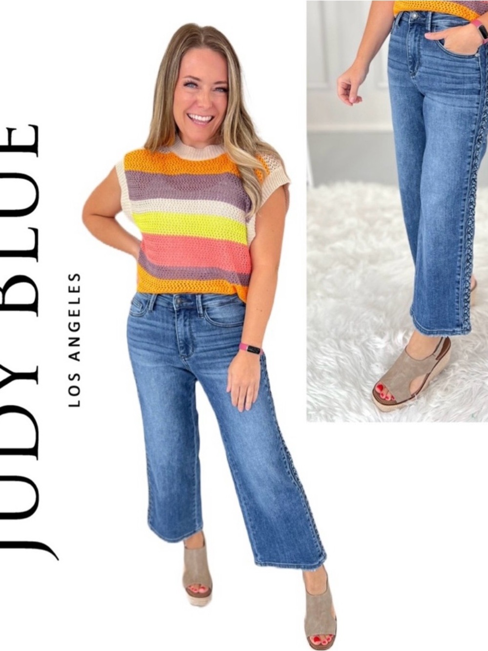 Judy Blue Boho Blues Braided Side Seam‎ Cropped Wide Leg High Waist Jeans - 0/24